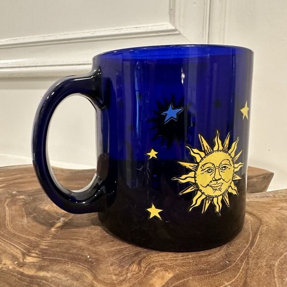 SOLD  Libbey Cobalt Blue Glass 12oz Coffee Mug Celestial Sun Moon Stars Friends - Picture 3 of 8
